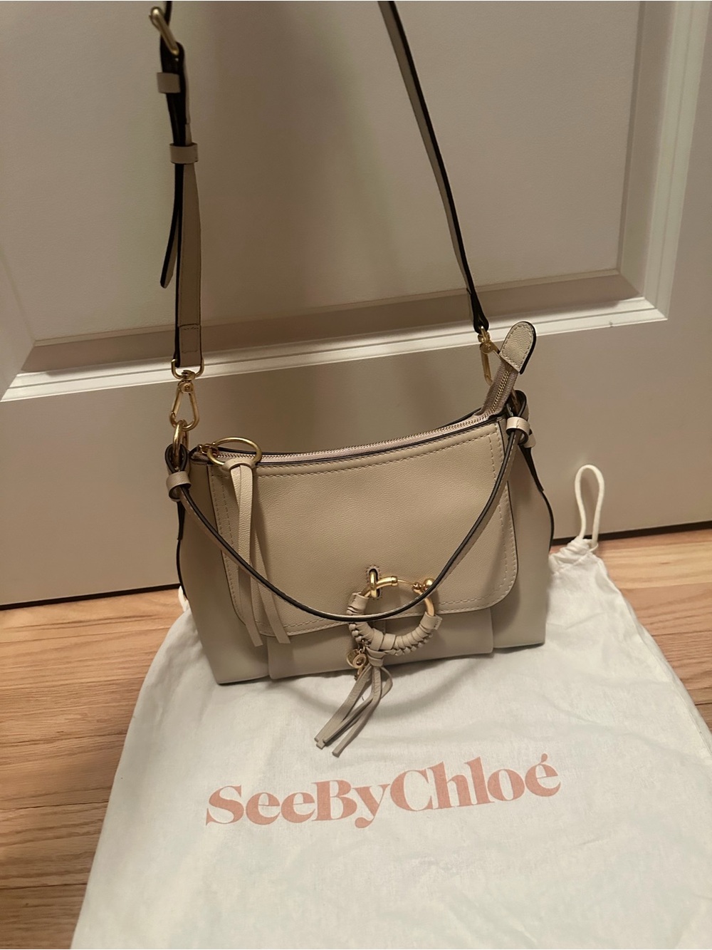 See By Chloe Cream Leather Shoulder Bag with Tassel & Gold Hardware